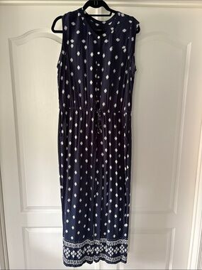 LOFT Navy Sleeveless Button-Front Jumpsuit with White Ikat Motif